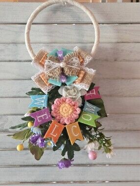 Handmade NWT Welcome Door Hanger Door Knob Hanger Bow Floral Decor Winter Decor